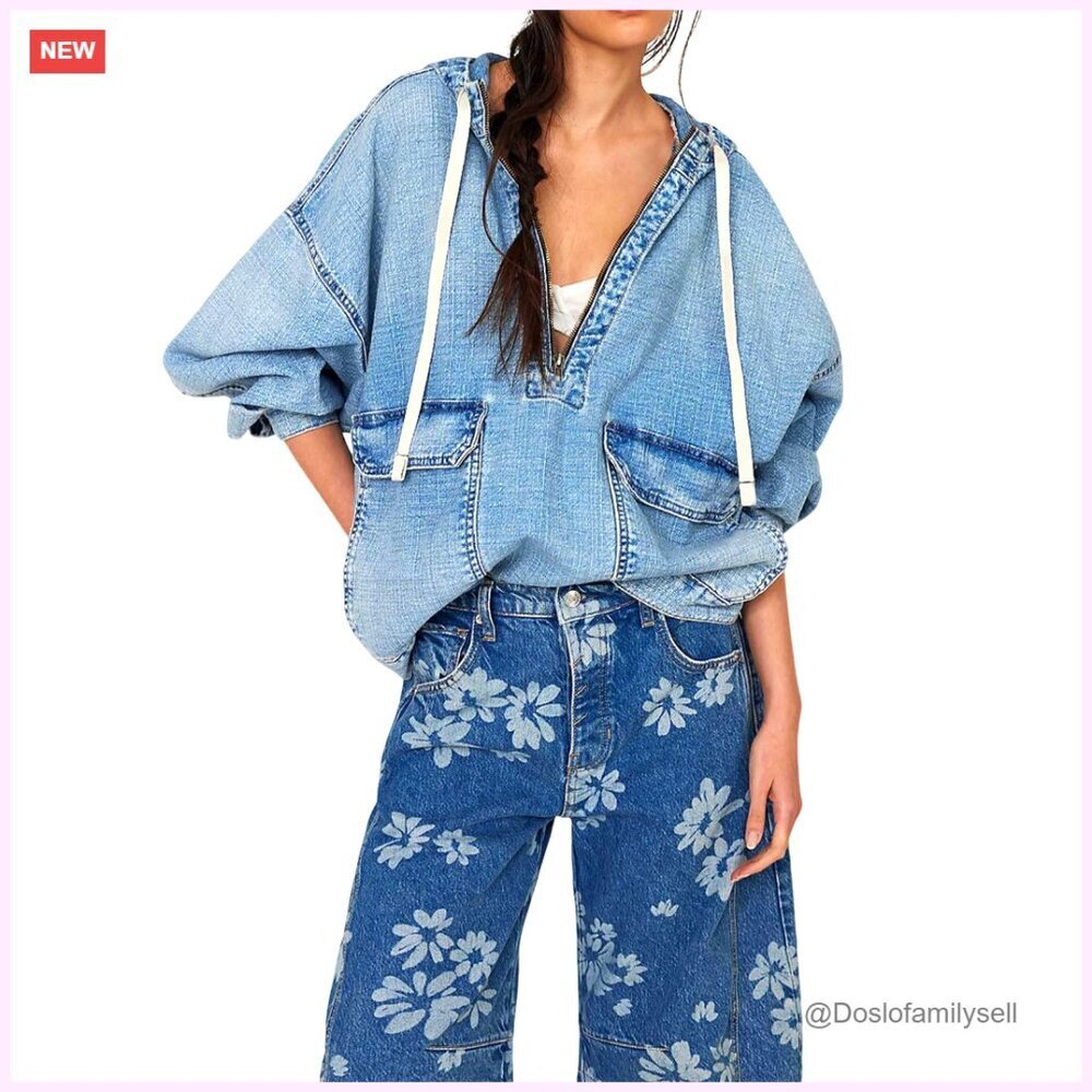 Oversized Denim Hoodie Pullover Half Zip Western Top Long Sleeve